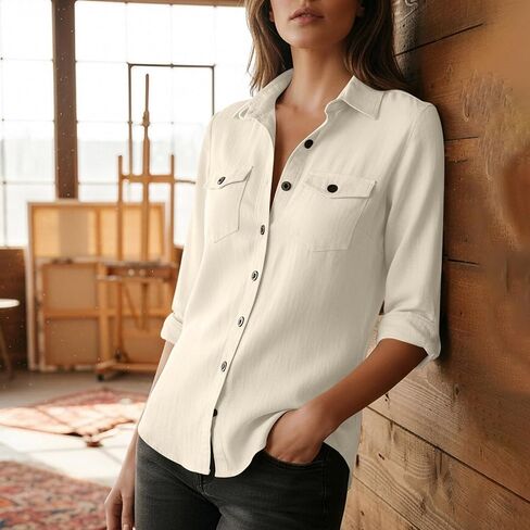 Cotton Linen Tops for Women Button Down V-Neck Collar Long Sleeve Shirt Casual Trendy Vacation Fashion Clothing in Saudi Arabia