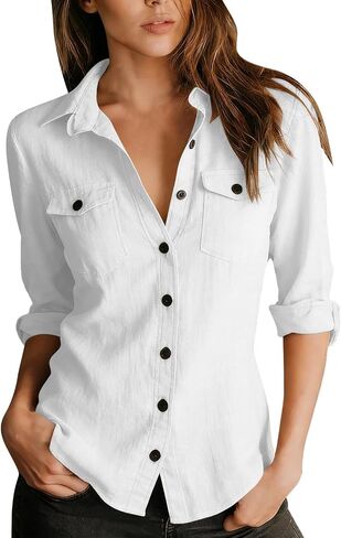 Cotton Linen Tops for Women Button Down V-Neck Collar Long Sleeve Shirt Casual Trendy Vacation Fashion Clothing in Saudi Arabia