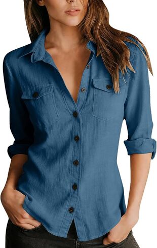 Cotton Linen Tops for Women Button Down V-Neck Collar Long Sleeve Shirt Casual Trendy Vacation Fashion Clothing in Saudi Arabia