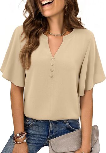 siliteelon Women Dressy Casual Blouses Ruffle Short Sleeve V Neck Tops Flowy Loose Fitting Work Business Casual Shirt in Kuwait