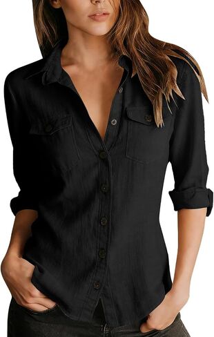 Cotton Linen Tops for Women Button Down V-Neck Collar Long Sleeve Shirt Casual Trendy Vacation Fashion Clothing in Saudi Arabia