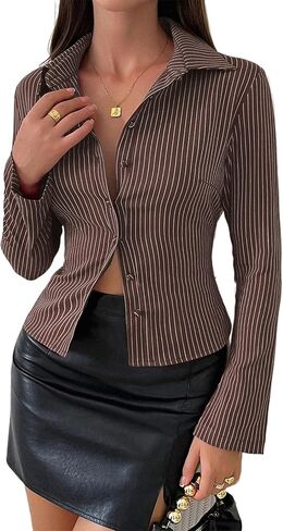 Women Y2k Striped Button Down Shirt Collar Bell Sleeve Blouses Fall Fashion Trendy Slim Fitted Crop Tops Clothes in Saudi Arabia