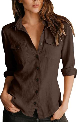 Cotton Linen Tops for Women Button Down V-Neck Collar Long Sleeve Shirt Casual Trendy Vacation Fashion Clothing in Saudi Arabia