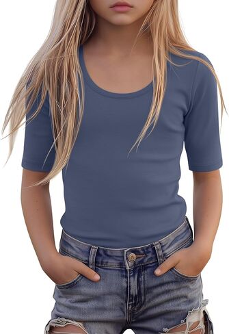 Girls' Half Sleeve T Shirts 1/2 Sleeve Scoop Neck Shirts Slim Fit Elbow Length Summer Casual Tops Size 5-14 Years in Saudi Arabia