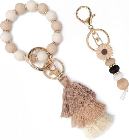 2PCS Bracelet Key Ring Set, Cute Car Keychain Wristlet, Anti-Lost Jade Beaded Bangle Keychains for Women Girls in Saudi Arabia