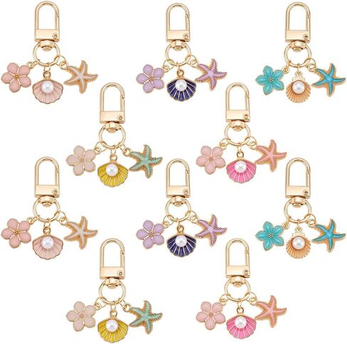 PH PandaHall 10pcs Starfish Shell Keychain, 5 Colors Flower Enamel Keychains Cute Ocean Beach Marine Key Chain Accessories for Purse Wallet Backpack Decoration, Birthday Gift, Women, Gold in Kuwait