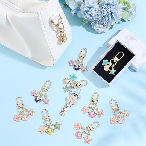 PH PandaHall 10pcs Starfish Shell Keychain, 5 Colors Flower Enamel Keychains Cute Ocean Beach Marine Key Chain Accessories for Purse Wallet Backpack Decoration, Birthday Gift, Women, Gold in Kuwait