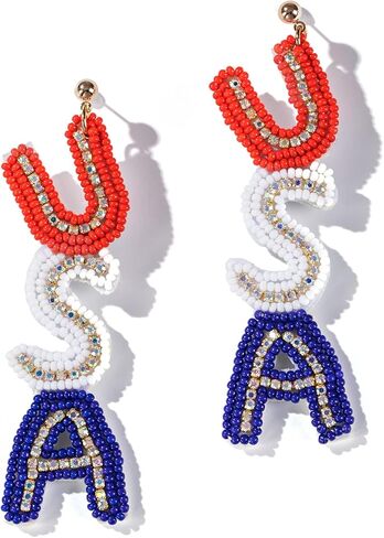 American Flag Dangle Earrings Beaded - Handmade 4th of July Patriotic Earrings, Independence Day Accessories in Saudi Arabia