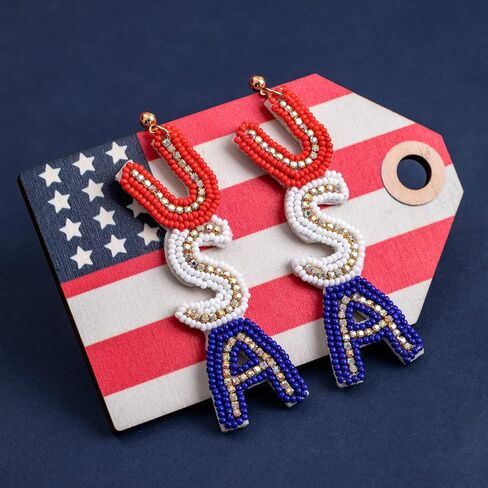 American Flag Dangle Earrings Beaded - Handmade 4th of July Patriotic Earrings, Independence Day Accessories in Saudi Arabia