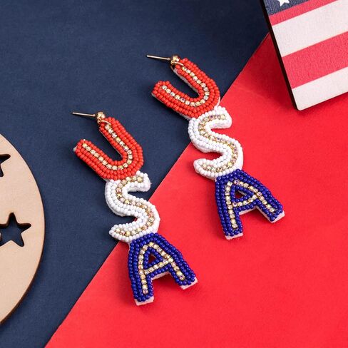 American Flag Dangle Earrings Beaded - Handmade 4th of July Patriotic Earrings, Independence Day Accessories in Saudi Arabia