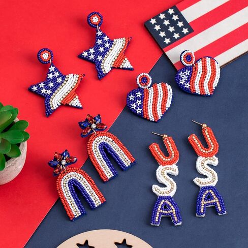 American Flag Dangle Earrings Beaded - Handmade 4th of July Patriotic Earrings, Independence Day Accessories in Saudi Arabia