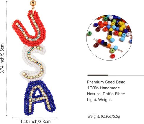 American Flag Dangle Earrings Beaded - Handmade 4th of July Patriotic Earrings, Independence Day Accessories in Saudi Arabia