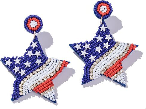 American Flag Dangle Earrings Beaded - Handmade 4th of July Patriotic Earrings, Independence Day Accessories in Saudi Arabia