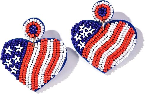 American Flag Dangle Earrings Beaded - Handmade 4th of July Patriotic Earrings, Independence Day Accessories in Saudi Arabia