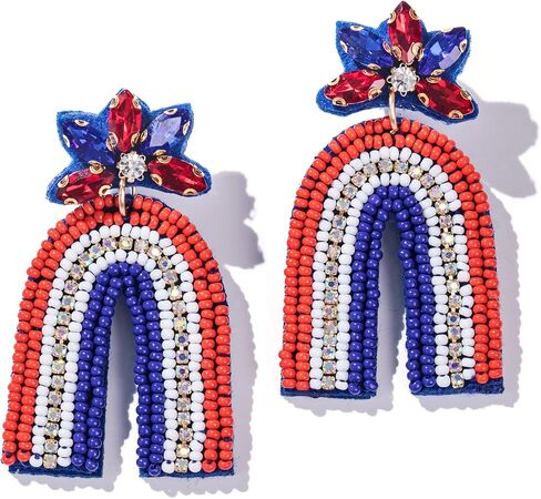 American Flag Dangle Earrings Beaded - Handmade 4th of July Patriotic Earrings, Independence Day Accessories in Saudi Arabia