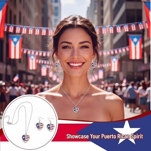 Unittype Puerto Rico Jewelry Set Heart Dangle Puerto Rican Flag Patriotic Earrings and Pendant Necklace Gift for Women July 4th 250th Anniversary in Kuwait