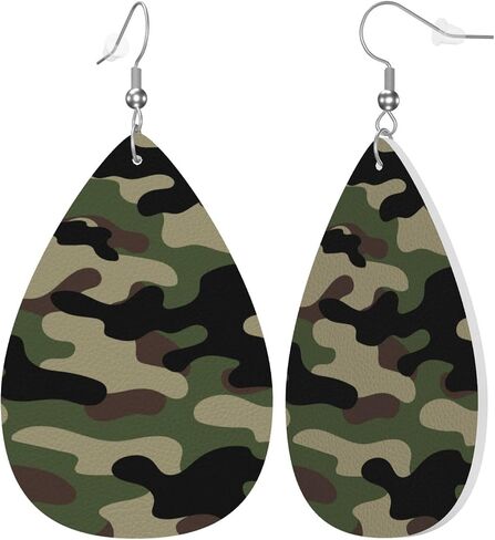 Green Brown Camouflage Print Faux Leather Teardrop Earrings for Women Drop Dangle Earrings in Saudi Arabia
