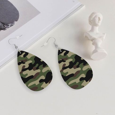 Green Brown Camouflage Print Faux Leather Teardrop Earrings for Women Drop Dangle Earrings in Saudi Arabia