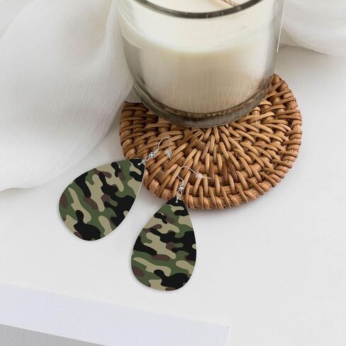 Green Brown Camouflage Print Faux Leather Teardrop Earrings for Women Drop Dangle Earrings in Saudi Arabia