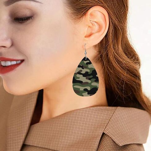 Green Brown Camouflage Print Faux Leather Teardrop Earrings for Women Drop Dangle Earrings in Saudi Arabia