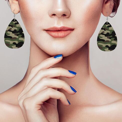 Green Brown Camouflage Print Faux Leather Teardrop Earrings for Women Drop Dangle Earrings in Saudi Arabia