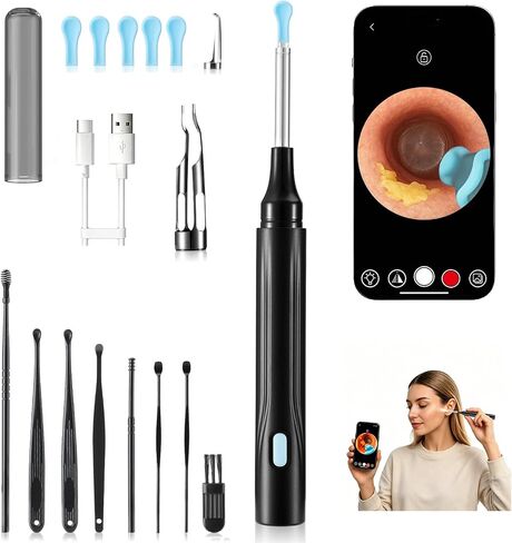 Wireless Ear Wax Removal Tool Kit with 1080P HD Camera, Ear Pick Ear Cleaner with 6 Led Lights, 15-in-1 Earwax Cleaning Tool for iOS and Android in Saudi Arabia