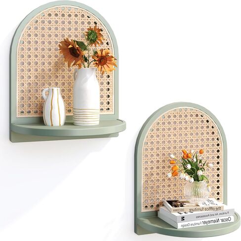 Arched Rattan Wall Shelf - Boho Rattan Floating Shelf with Grooved Edge, Unique Small Display Shelves, Natural Pine Wood Wall Decor for Bedroom, Living Room, Nursery Room, Set of 2, Green in Saudi Arabia