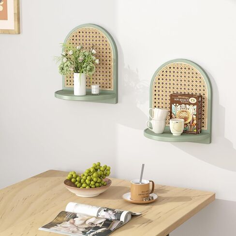 Arched Rattan Wall Shelf - Boho Rattan Floating Shelf with Grooved Edge, Unique Small Display Shelves, Natural Pine Wood Wall Decor for Bedroom, Living Room, Nursery Room, Set of 2, Green in Saudi Arabia