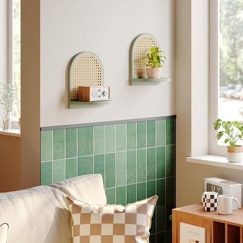 Arched Rattan Wall Shelf - Boho Rattan Floating Shelf with Grooved Edge, Unique Small Display Shelves, Natural Pine Wood Wall Decor for Bedroom, Living Room, Nursery Room, Set of 2, Green in Saudi Arabia