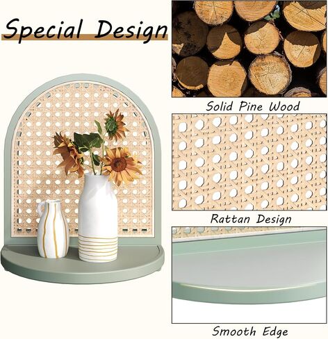 Arched Rattan Wall Shelf - Boho Rattan Floating Shelf with Grooved Edge, Unique Small Display Shelves, Natural Pine Wood Wall Decor for Bedroom, Living Room, Nursery Room, Set of 2, Green in Saudi Arabia