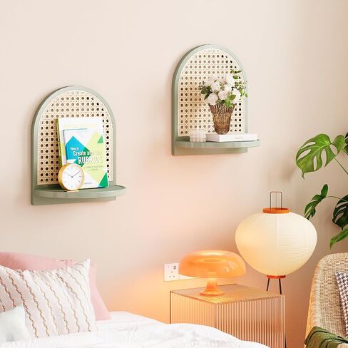 Arched Rattan Wall Shelf - Boho Rattan Floating Shelf with Grooved Edge, Unique Small Display Shelves, Natural Pine Wood Wall Decor for Bedroom, Living Room, Nursery Room, Set of 2, Green in Saudi Arabia