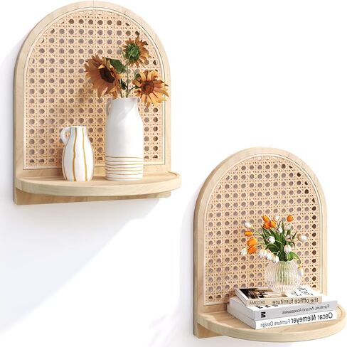 Arched Rattan Wall Shelf - Boho Rattan Floating Shelf with Grooved Edge, Unique Small Display Shelves, Natural Pine Wood Wall Decor for Bedroom, Living Room, Nursery Room, Set of 2, Green in Saudi Arabia