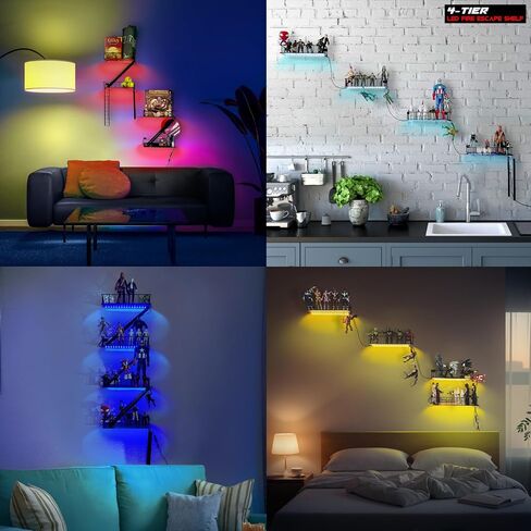 رف حائط للهروب من الحريق للمقتنيات - رف للهروب من الحريق مزود بشرائط إضاءة LED مرفقة مسبقًا، 12 لونًا، يحمل 44 رطلاً in Kuwait