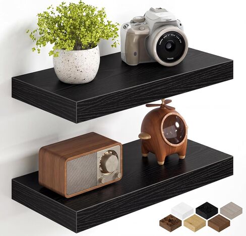 Fun Memories 16Inch Floating Shelves for Wall, 8 Inch Deep Shelves for Bathroom|Bedroom|Kitchen Wall Mounted, Wood Hanging Shelf with Invisible Brackets for Home Storage Decor, Black - 2 Pack in Saudi Arabia