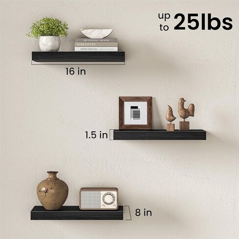 Fun Memories 16Inch Floating Shelves for Wall, 8 Inch Deep Shelves for Bathroom|Bedroom|Kitchen Wall Mounted, Wood Hanging Shelf with Invisible Brackets for Home Storage Decor, Black - 2 Pack in Saudi Arabia