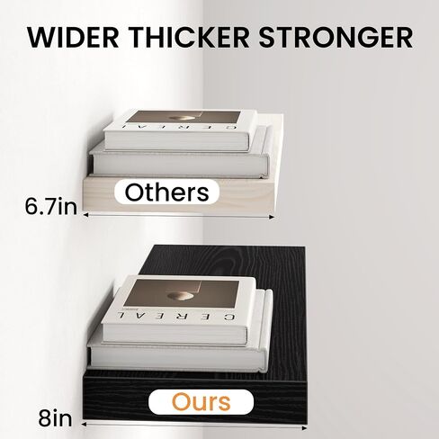 Fun Memories 16Inch Floating Shelves for Wall, 8 Inch Deep Shelves for Bathroom|Bedroom|Kitchen Wall Mounted, Wood Hanging Shelf with Invisible Brackets for Home Storage Decor, Black - 2 Pack in Saudi Arabia