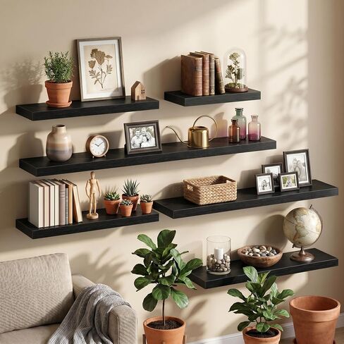 Fun Memories 16Inch Floating Shelves for Wall, 8 Inch Deep Shelves for Bathroom|Bedroom|Kitchen Wall Mounted, Wood Hanging Shelf with Invisible Brackets for Home Storage Decor, Black - 2 Pack in Saudi Arabia