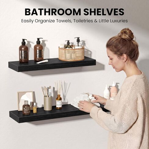 Fun Memories 16Inch Floating Shelves for Wall, 8 Inch Deep Shelves for Bathroom|Bedroom|Kitchen Wall Mounted, Wood Hanging Shelf with Invisible Brackets for Home Storage Decor, Black - 2 Pack in Saudi Arabia