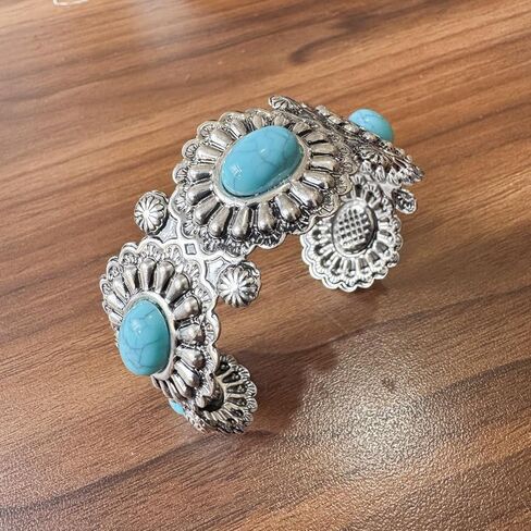 Western Cuff Bracelet for Women, Vintage Engraved Open Bangle with Turquoise Color Faux Stone Accent, Southwestern Cowgirl Country Jewelry Gift in Saudi Arabia