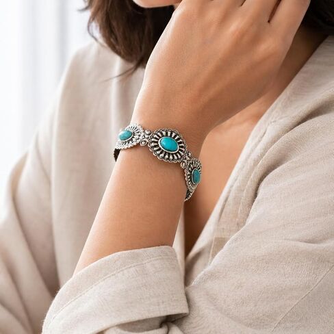 Western Cuff Bracelet for Women, Vintage Engraved Open Bangle with Turquoise Color Faux Stone Accent, Southwestern Cowgirl Country Jewelry Gift in Saudi Arabia