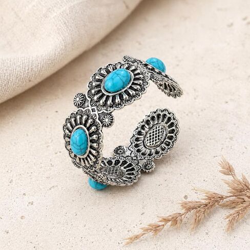 Western Cuff Bracelet for Women, Vintage Engraved Open Bangle with Turquoise Color Faux Stone Accent, Southwestern Cowgirl Country Jewelry Gift in Saudi Arabia