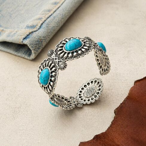 Western Cuff Bracelet for Women, Vintage Engraved Open Bangle with Turquoise Color Faux Stone Accent, Southwestern Cowgirl Country Jewelry Gift in Saudi Arabia