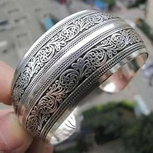 1Pc Silver Tibeten Silver Carved Spiral Flower Connecting Branches Pattern Wide Band Open Cuff Bracelet Bangle Size adjustable Cuff Bracelets for Women in Saudi Arabia
