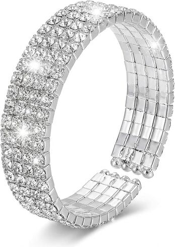 1 Piece Rhinestone Bracelet for Women Layered Sparkly Open Cuff Adjustable Multi Row Glitter Bangle Rhinestone Bracelet Bride Wedding Party Prom Jewelry Accessories in Saudi Arabia