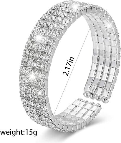 1 Piece Rhinestone Bracelet for Women Layered Sparkly Open Cuff Adjustable Multi Row Glitter Bangle Rhinestone Bracelet Bride Wedding Party Prom Jewelry Accessories in Saudi Arabia