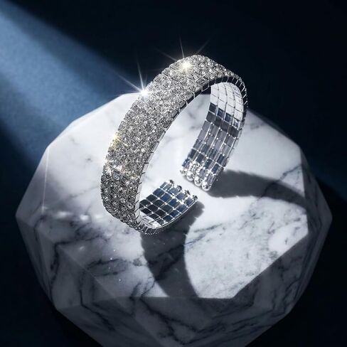 1 Piece Rhinestone Bracelet for Women Layered Sparkly Open Cuff Adjustable Multi Row Glitter Bangle Rhinestone Bracelet Bride Wedding Party Prom Jewelry Accessories in Saudi Arabia