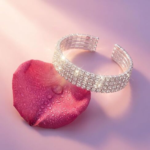 1 Piece Rhinestone Bracelet for Women Layered Sparkly Open Cuff Adjustable Multi Row Glitter Bangle Rhinestone Bracelet Bride Wedding Party Prom Jewelry Accessories in Saudi Arabia