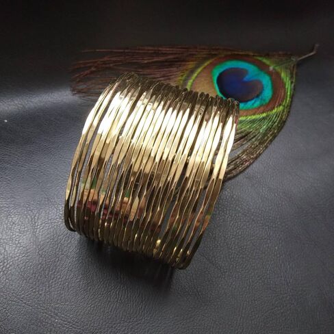 Bohemian Multi-Row Brass Cuff Bracelet, Wide Adjustable Bangle, Minimalist Ethnic Style, Gold Tone in Saudi Arabia