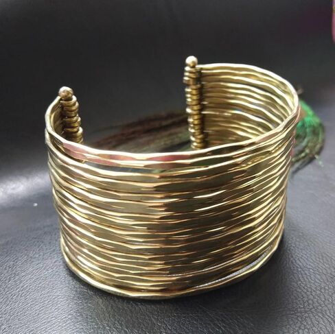 Bohemian Multi-Row Brass Cuff Bracelet, Wide Adjustable Bangle, Minimalist Ethnic Style, Gold Tone in Saudi Arabia