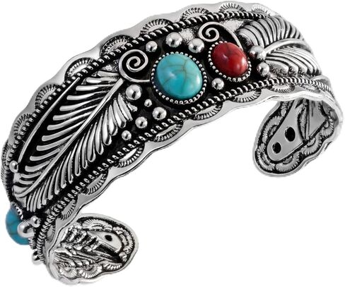 Turquoise Feather Cuff Bracelet for Women - Western Style Silver Adjustable Bracelet with Red Gemstone Accents, Vintage Southwest Boho Jewelry Gift for Cowgirl Festival Daily Wear in Kuwait